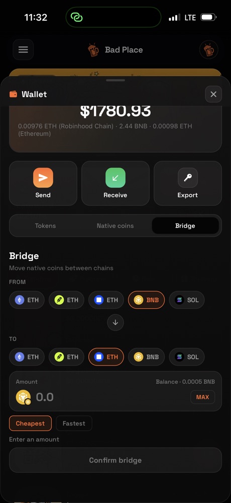 Bridge: native coins between chains, cheapest or fastest.