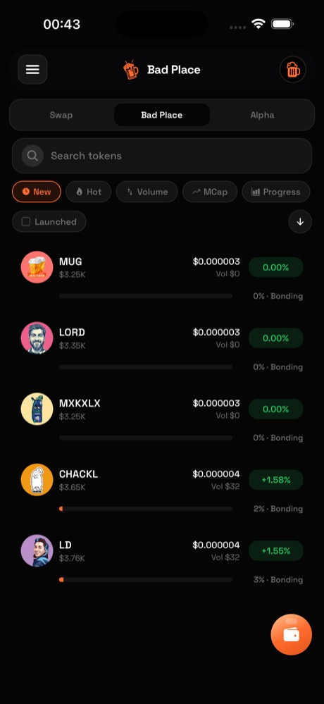 Bad Place tokens, filters, bonding progress