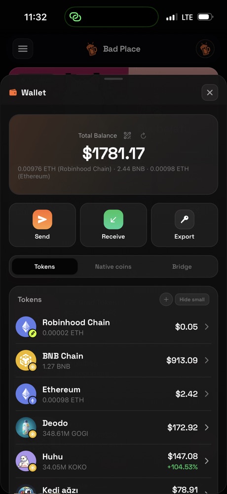 Balance across chains, then Send / Receive / Export.